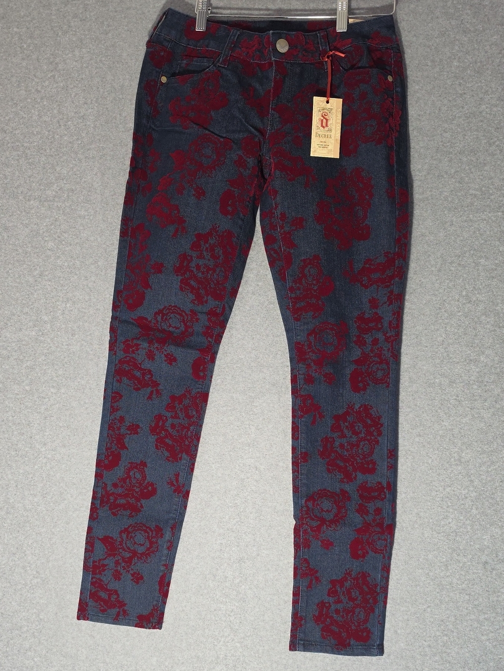 Decree Navy Skinny Jeans with Burgundy Floral Print
